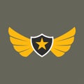 Shield with wings and star. Winged logo template. Air force badge, army, military and aviation emblem. Vector illustration.